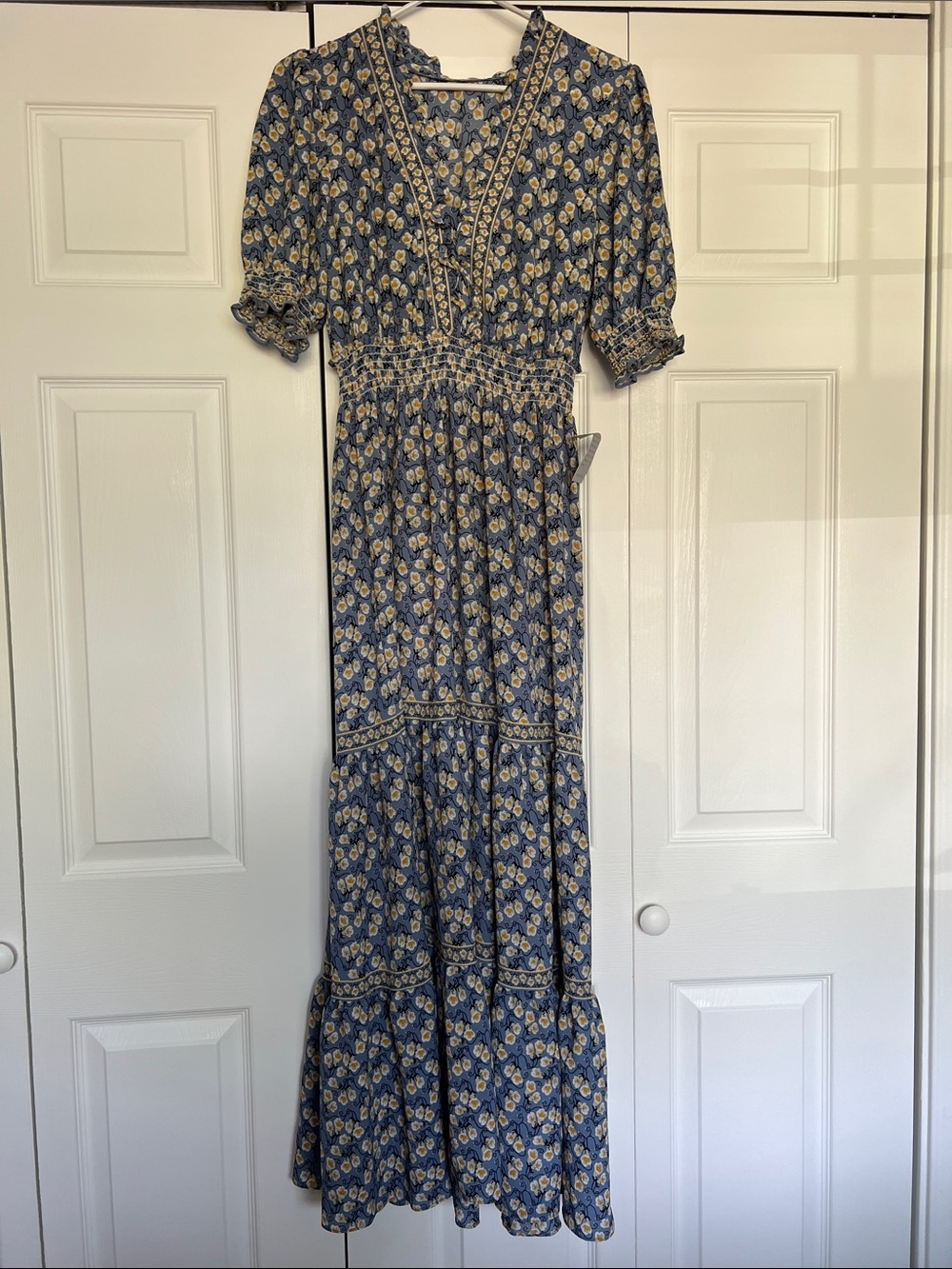 Max Studio Blue Floral V-Neck Maxi with Smocked Waist Dress - Picture 1 of 4